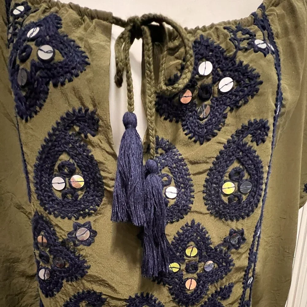 Tory Burch sz 10 Camille olive silk top with navy embroidery/ sequined embellish